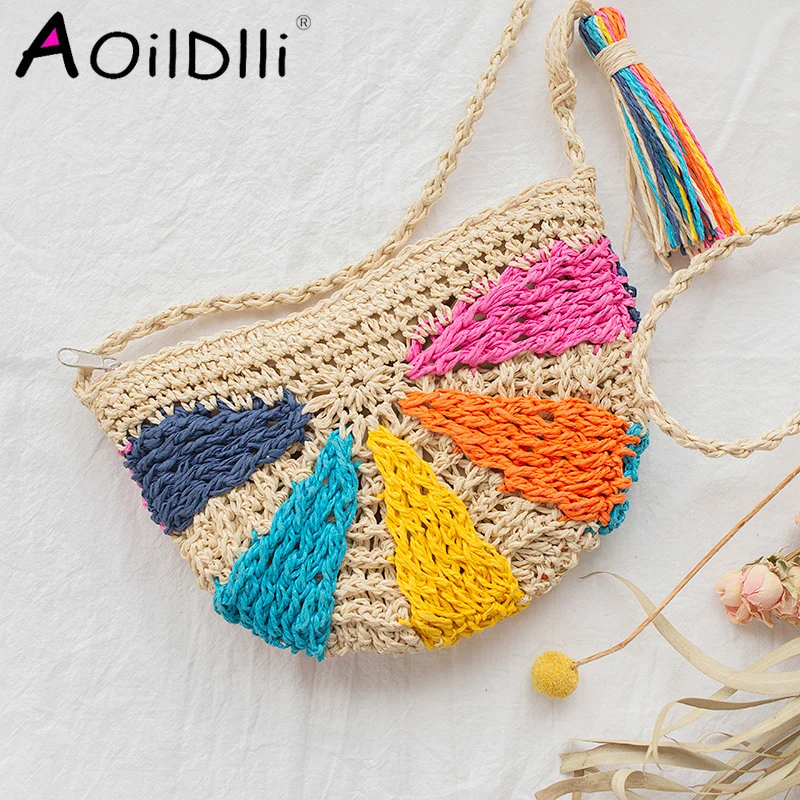 Летняя сумка Полукруглая разноцветная вязаная крючком соломенная тканый