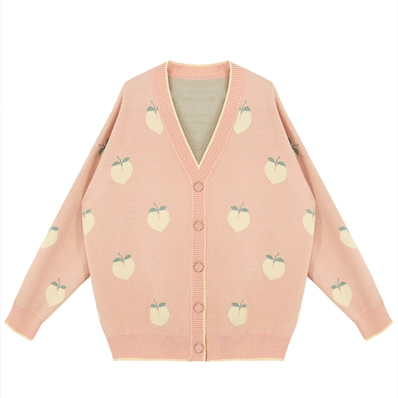 

Peach V-Neck Jacquard Cardigan Women Autumn Winter Casual Korean Knitwear Elegant Sweater Long Sleeve Kawaii Harajuku W123