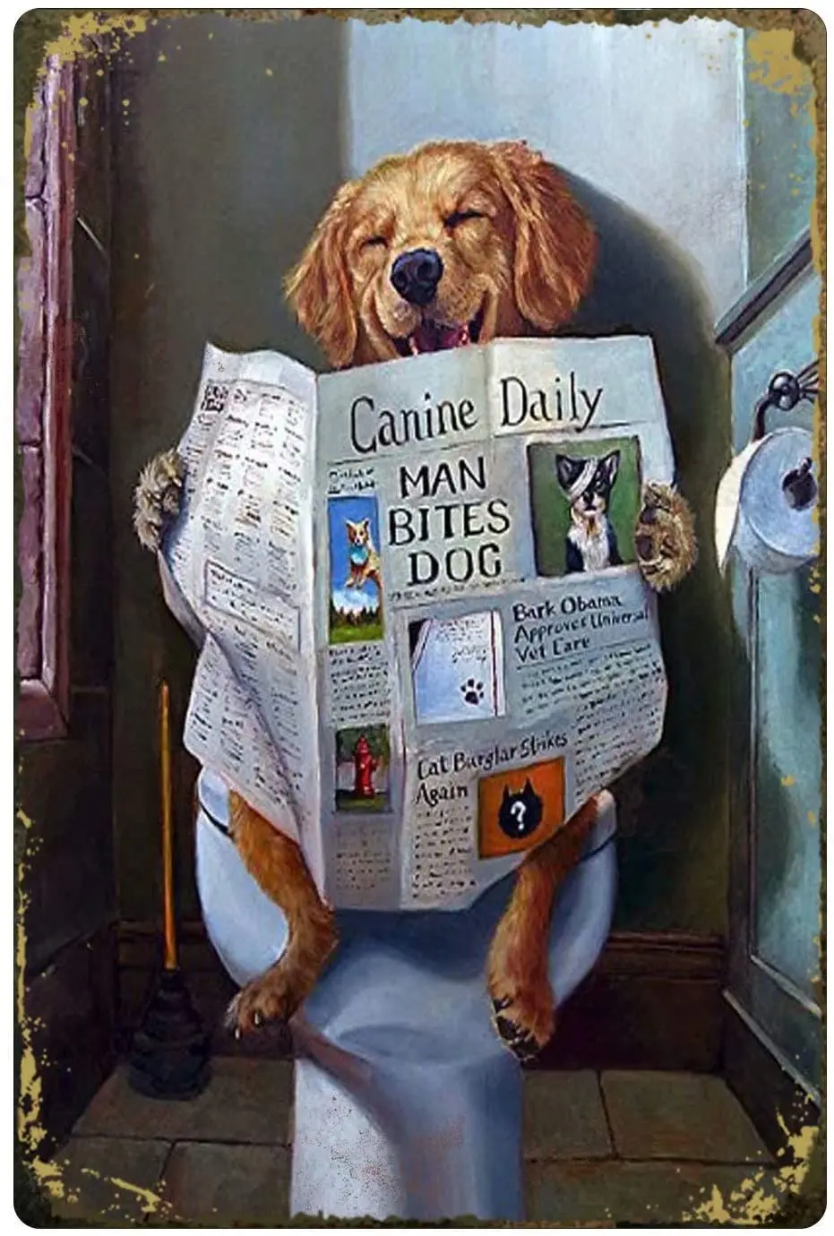 Жестяной знак в стиле ретро с забавной собакой газета для чтения туалете