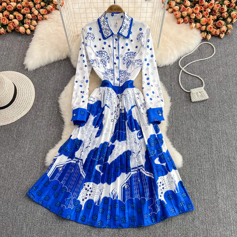 

Spring Autumn Retro Clothing Women Fashion High-End Light Luxury A-Line Pleated Lapel Dress Elegant Temperament Long Dress M1500
