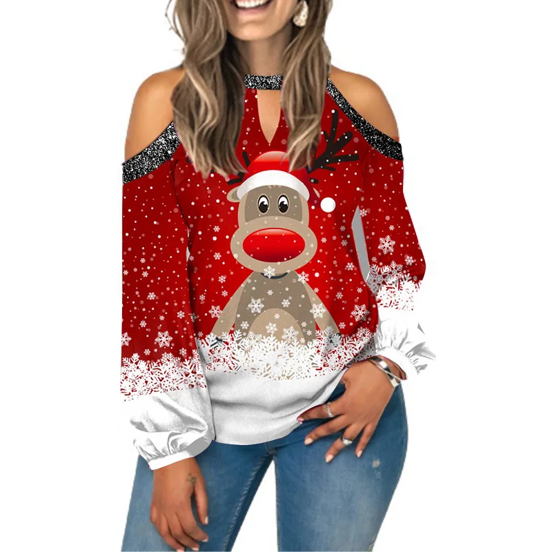 

New Women Christmas Deer Print Shirts Casual O-Neck Off Shoulder Long Sleeve Santa Claus Elk Tops Female Cute Pullover Tshirts