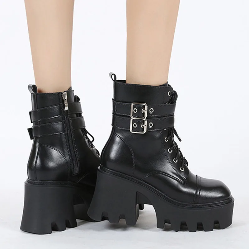 Женские ботинки на массивном каблуке с пряжкой резиновой подошве - купить по