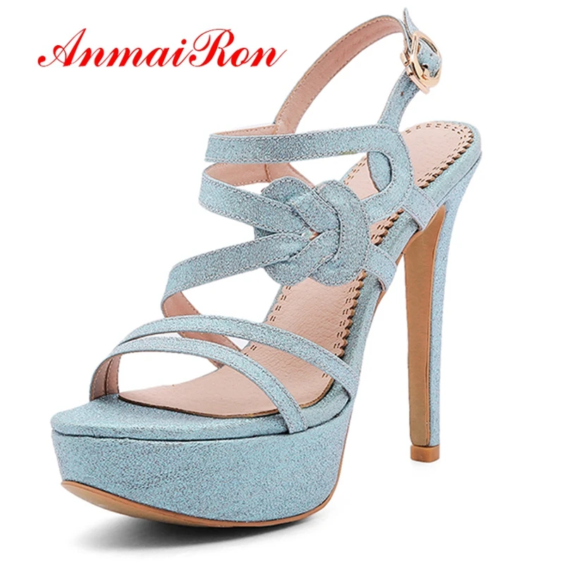 ANMAIRON Synthetic Basic Woman Sandals 2019 Summer Blue Pink Solid High Heel Party Buckle Strap Shoes Size 34-43 LY1632 | Обувь