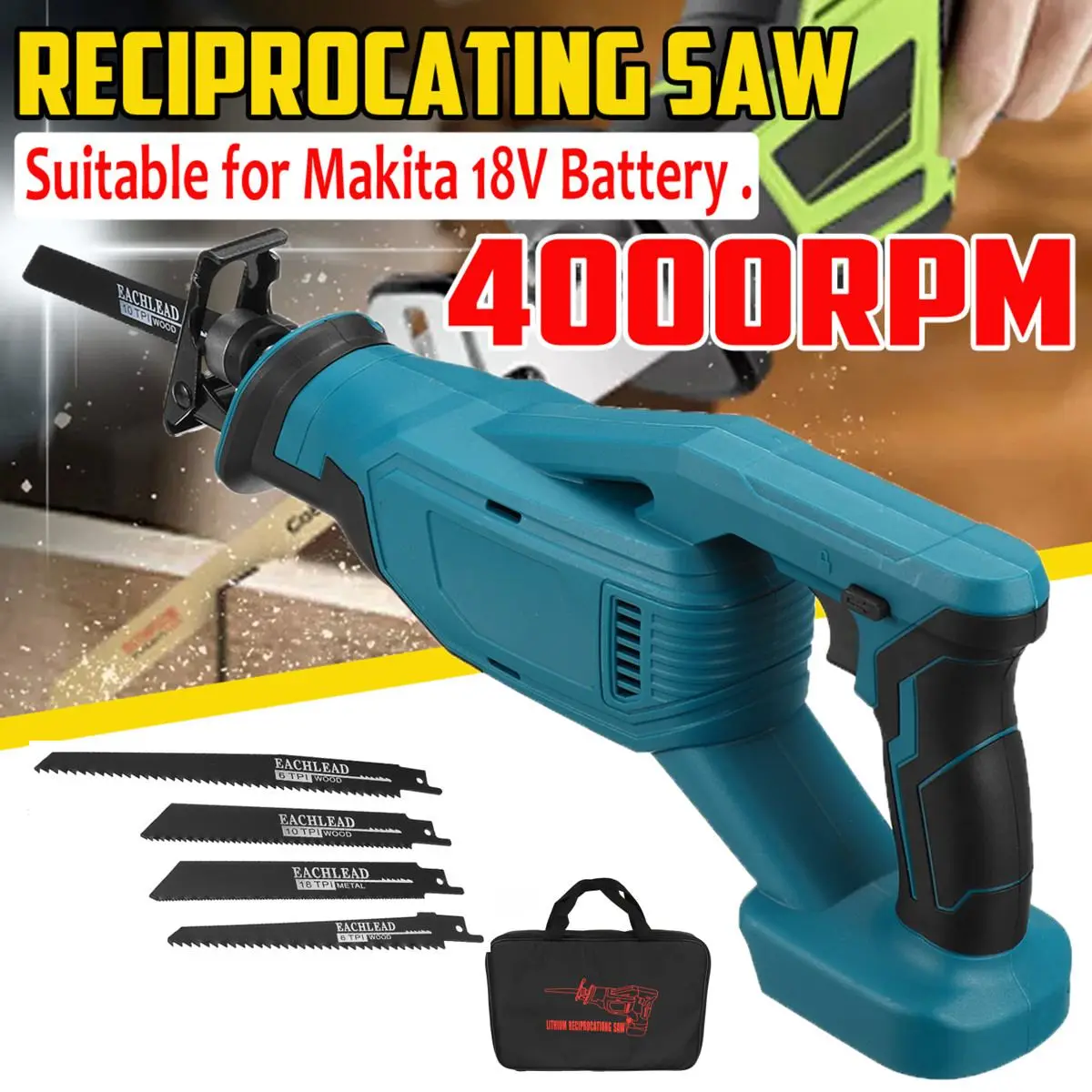 

Reciprocating Saw Household Electric Saw Chainsaw 4000RPM/min Electrical Wood Working Tools with 4 Blades for Makita 18V Battery