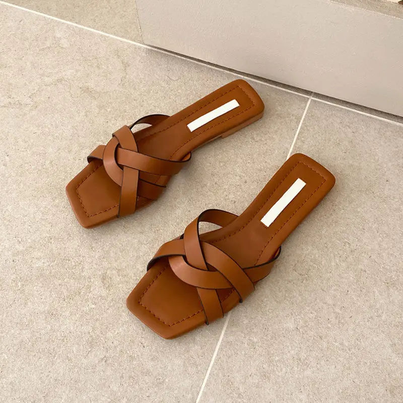 Шлепанцы женские из ПУ кожи сандалии на плоской подошве повседневные шлепанцы с