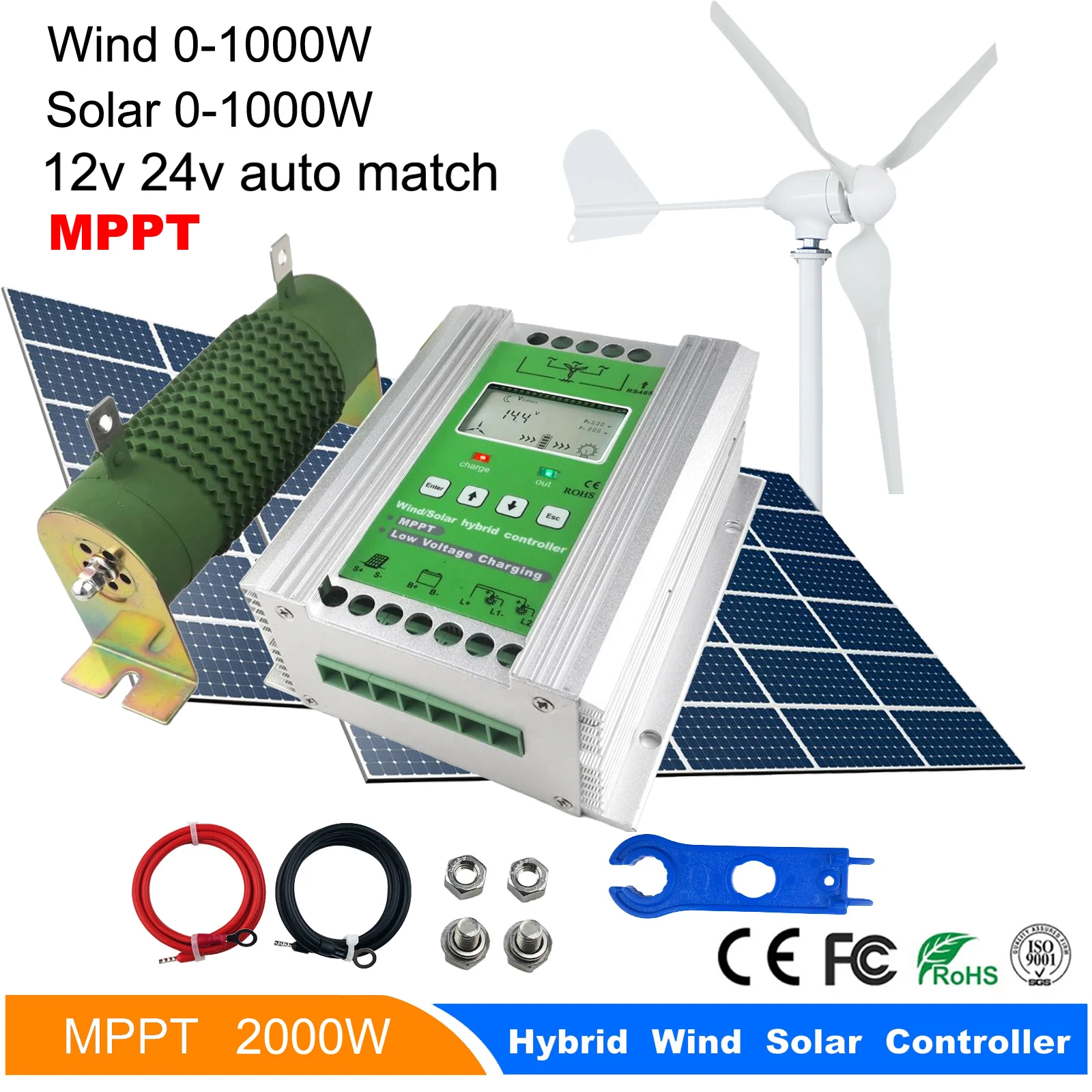 Гибридный контроллер Заряда MPPT Wind Solar Boost для генератора ветровой турбины 12 В/24 В 800 Вт 600 Вт + система солнечных панелей 1000 Вт