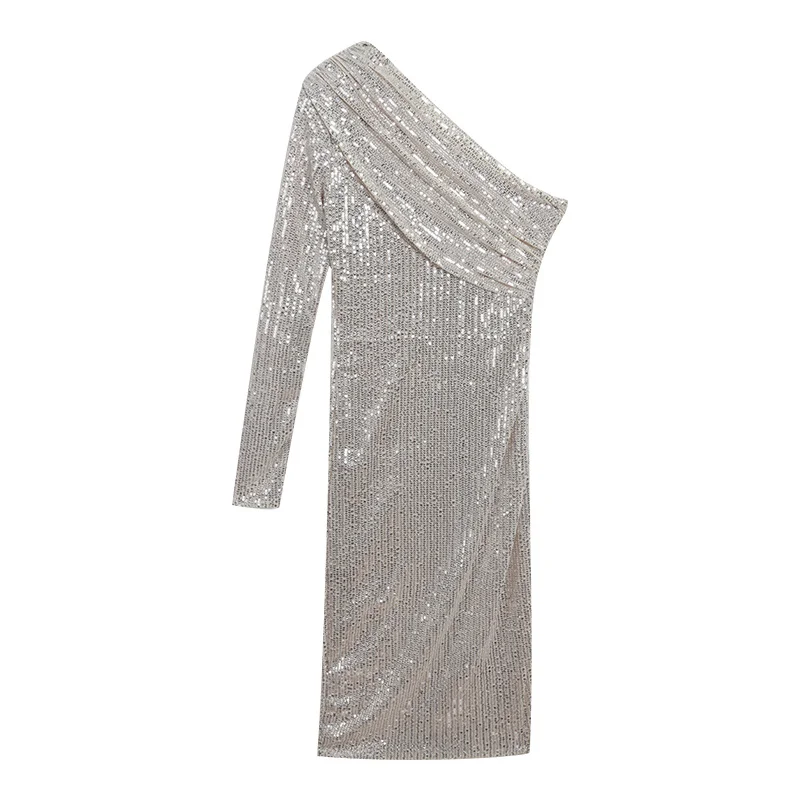 

Женское платье с блестками и длинным рукавом, облегающее вечернее платье с открытыми плечами и сумочкой на бедрах, лето 2022