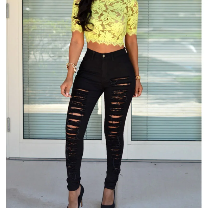 

2021 Women Clothes High Waist Denim Trousers Fashion Tight Hole Pocket Button Zipper Stretch Jeans Pencil Washed Jeans