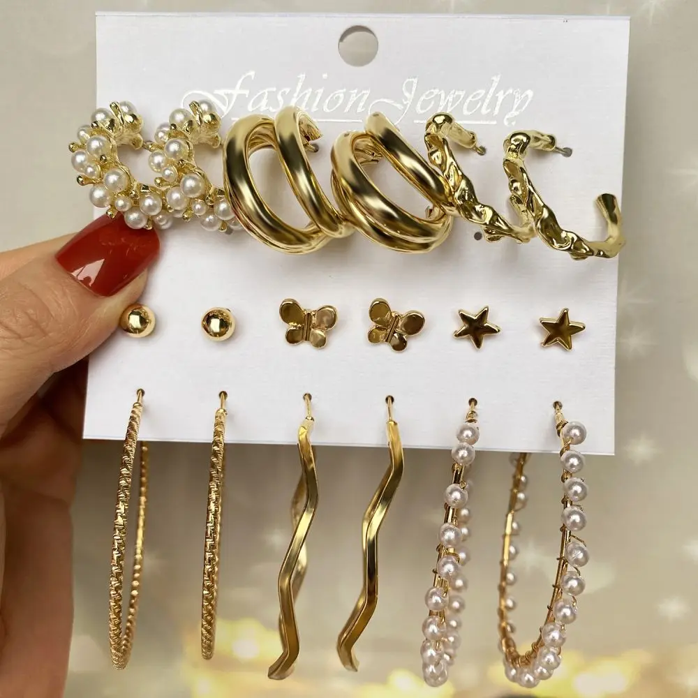 

VKME Fashion Gold Chain Hoop Earrings Set For Women Girls Elegant Geometirc Pearl Circle Hoop Earrings 2021 NEW Jewelry Gift