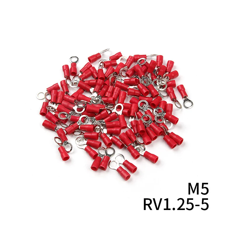 Фото RV1.25 кольцевой изолированный соединитель провода 100 шт. Красный 12-10 AWG обжимные клеммы для электрического кабеля комплект для 0,25-1.65 мм2 №4
