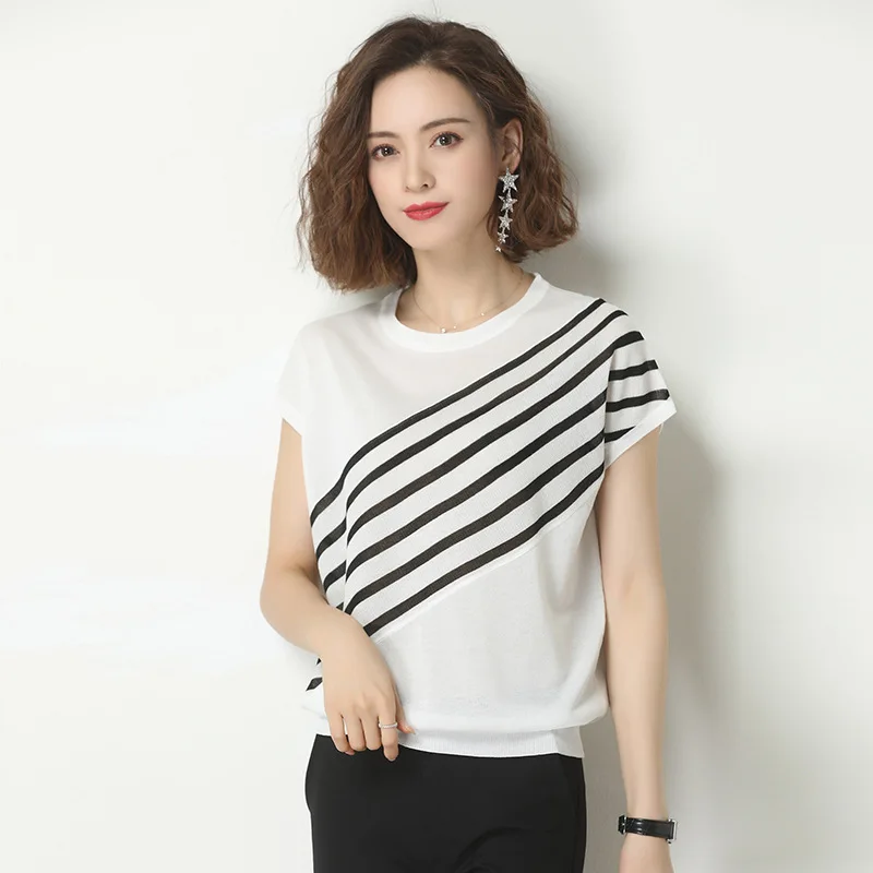 

Летние топы для женщин S-3XL 2020 новые модные простые полосатые футболки с круглым вырезом и короткими рукавами в Корейском стиле женские своб...