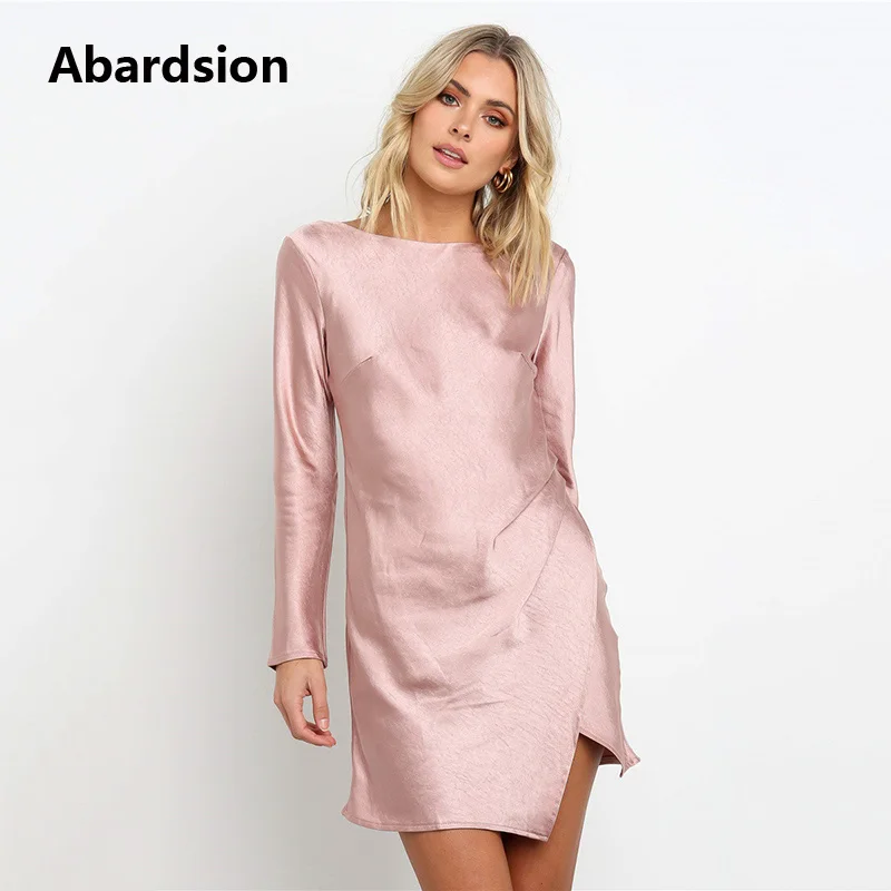 Abardsion розовое бордовое атласное платье осеннее женское с рюшами и длинным