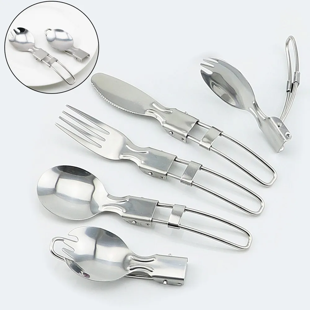 

Stainless Steel Foldable Camping Spoon Fork Knives Utensil Picnic Salad Flatware Cutlery Fold Tableware Flatware Cookware