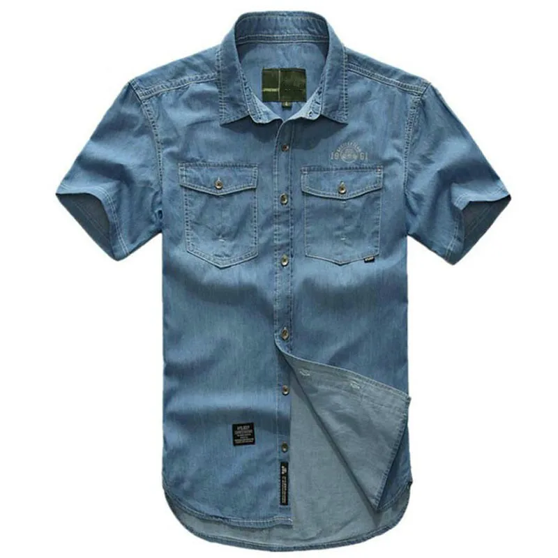 

Мужская джинсовая рубашка с коротким рукавом, Повседневная летняя ковбойская рубашка с отложным воротником, большие размеры 5XL, 2020