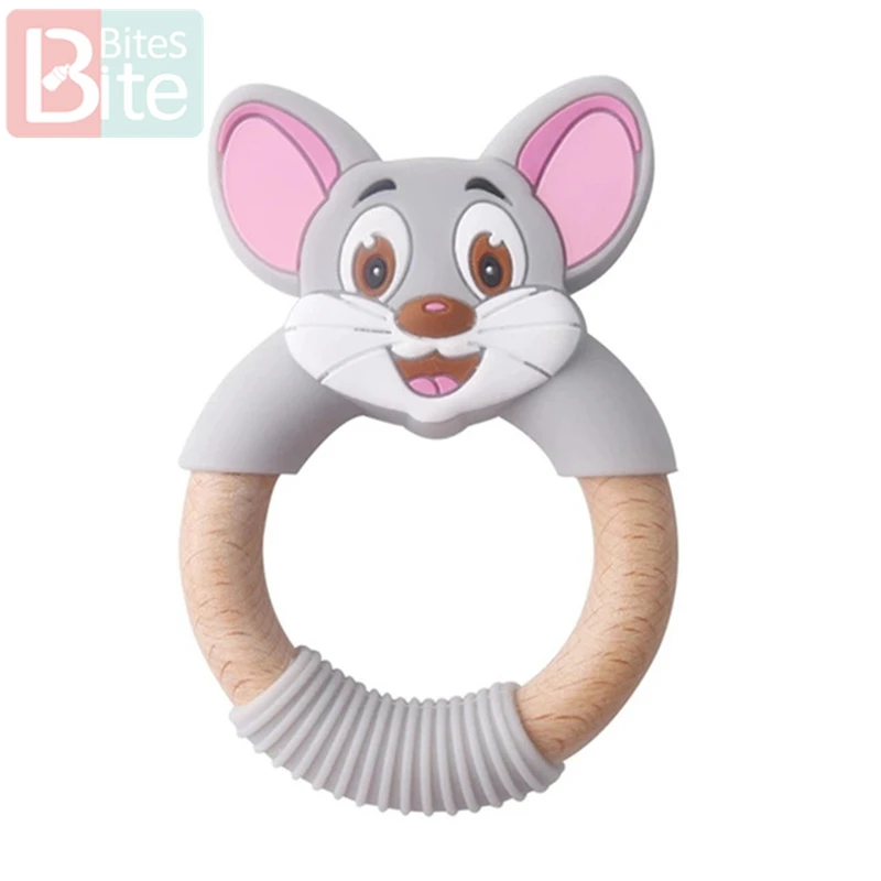 gray mouse ring 1 шт. Детские трофеи силиконовые мыши грызуны Силиконовые Прорезыватели деревянные кольца деревянный Прорезыватель коляска белка для детей товары игрушки - Цвет: gray mouse ring