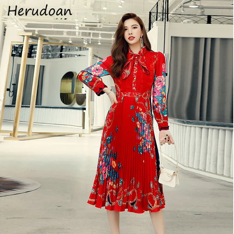 

Herudoan Fashion Designer Autumn Midi Dress Women Bow Long Sleeve Floral Print Lace Vintage Female Party Pleated Dress Vestidos