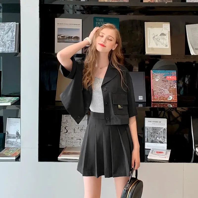 

Women Sets Plaid Short Sleeve Trendy Chic Ulzzang Sweet Lovely Pleated Empire Young Style Streetwear Single Breasted Students