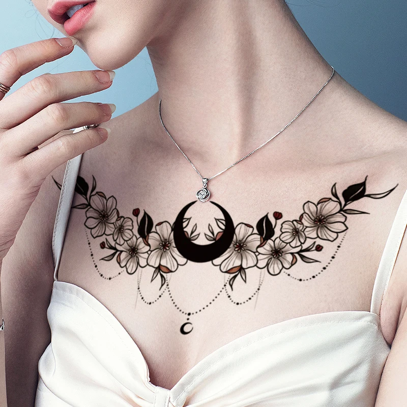 

Waterproof Temporary Tattoo Dark Sticker Moon Flowers Sexy Flash Tattoos Jewellery Diamond Body Art Chest Fake Tatoo Women Men