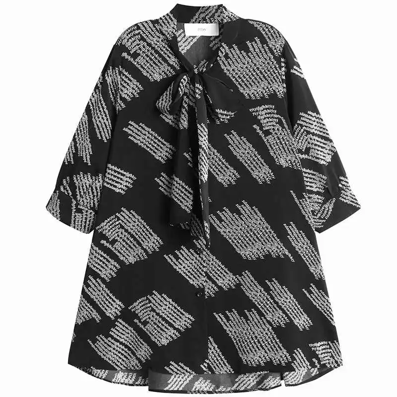 

IEQJ Women Lace-up Fashion Chiffon Shirt Korean Printing Loose Temperament Bow Knot Mid-length Blouse New Summet 2021 3F1131