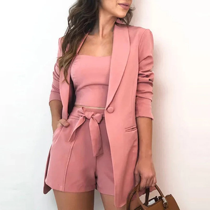

Autumn 3 Piece Sets High Quality Top & Shorts Long Sleeve Elegant Casual Suits Blazer Women Sexy Slash Neck Office 3 Piece Set