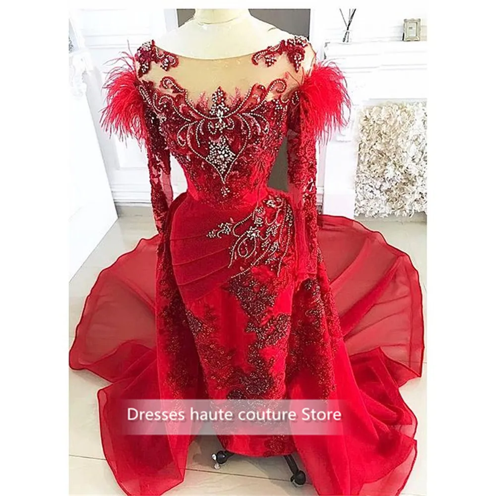 

Vestidos Formales Red Evening Dresses Scoop Abendkleider 2021 Dubai Aso Ebi Bridal Gowns with Detachable Train Formal Party Wear