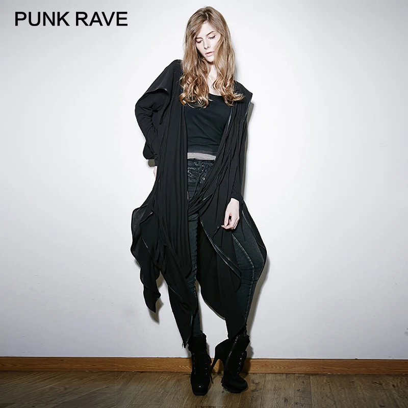 PUNK RAVE New Steampunk Dark Mysterious Witch Gown with Irregular Gothic Black Long Stretch Hoodies Loose Coat Sweatshirts | Женская
