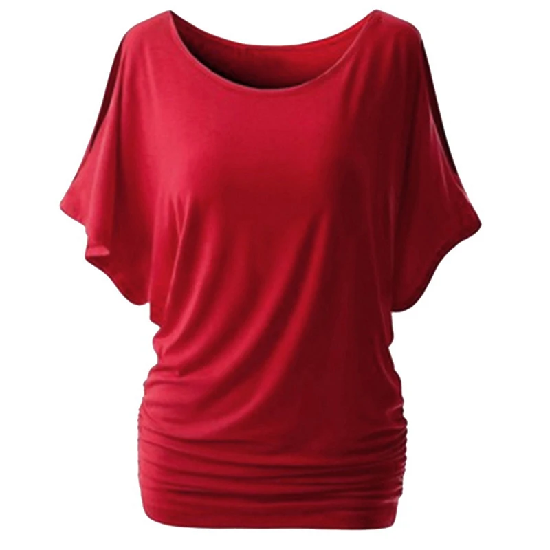 Red LOOZYKIT, 5XL размера плюс, Женская Повседневная летняя футболка,, короткий рукав, холодное плечо, перо, принт, топы, футболка, женская, Camisetas - Цвет: Red