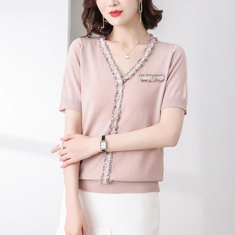 Свитер Женский вязаный с V-образным вырезом и коротким рукавом | Женская одежда