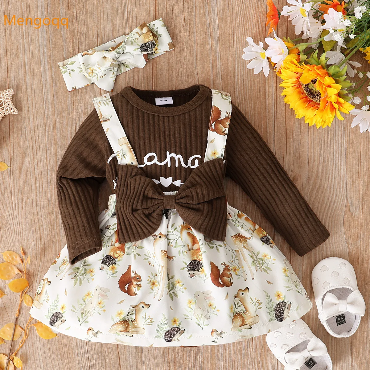 

Toddler Kids Baby Girls Autumn Spring Full Sleeve Letter Top Bodysuits Bow Print Strap Dress Headbands Infant Clothes Set 3pcs