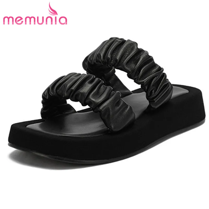 

MEMUNIA 2021 New Arrive Genuine Leather Shoes Women Slipper Pleated Comfortable Flat Platform Shoes Summer Slipper Ladies