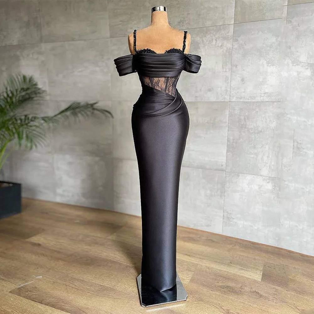 

UOSU Black Mermaid Evening Dress Off The Shoulder Lace Pleat Illusion Body Floor Length Long Prom Dresses Robe De Soiree