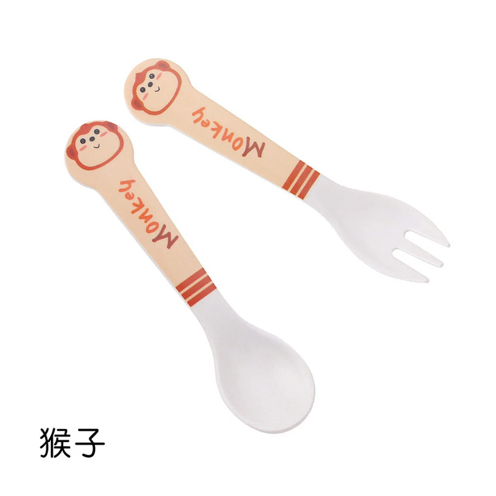2 Pcs Cute Cartoon Pattern Bamboo Fiber Dinner Fork Spoon Set Children's Baby Kids Food Picks Solid Feeding Tableware Cutlery | Дом и сад