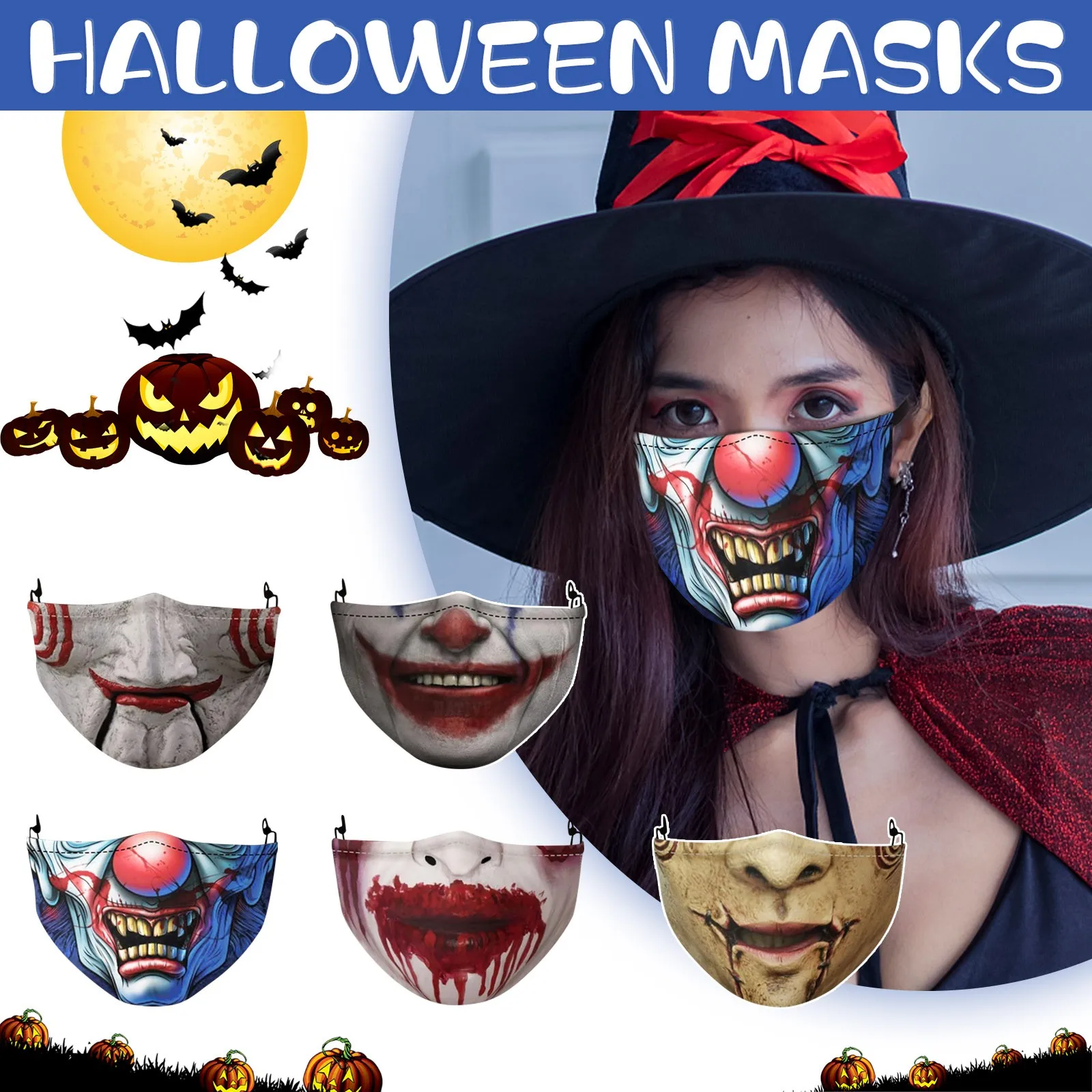 

Страшная смешная ужасная хлопковая маска на половину лица на Хэллоуин для взрослых, Женская утолщенная маска для лица, закрывающая уши