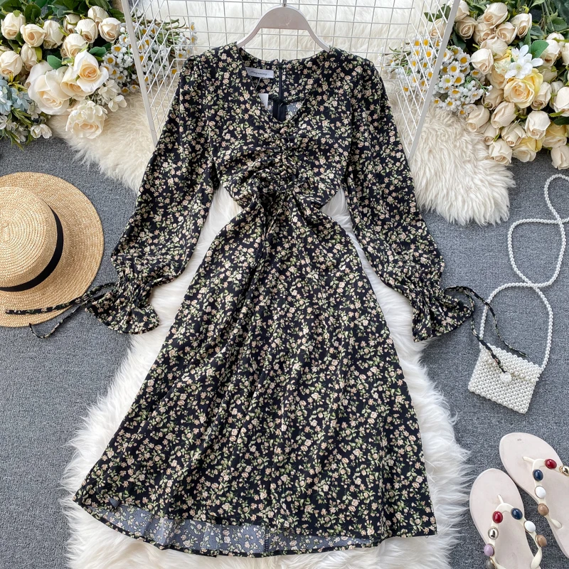 SINGRAIN женское платье с цветочным рисунком весеннее винтажное длинным рукавом