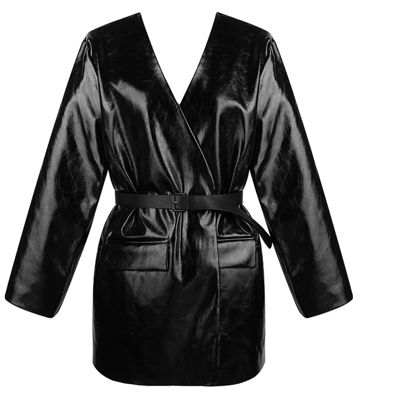 

Fashion Tide Autumn And Winter New Products Fashion Wild Temperament Waist v-neck Long Section Bright Leather Jacket PA919