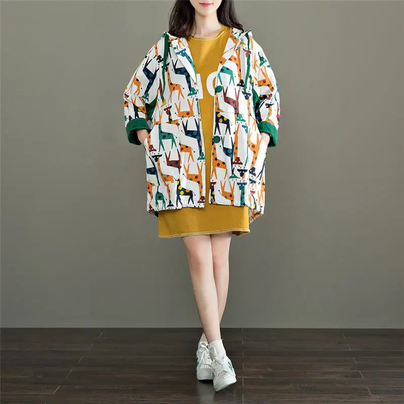 

Women Sweet Trench Coat Autumn New Cotton Linen Print Animal Giraffe Soft Casual Hooded Single Breasted Outwear Plus Size f1733