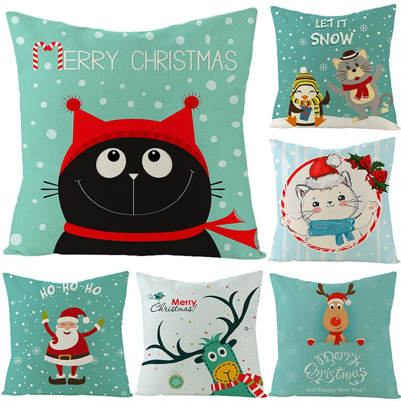 

Cartoon Animals Christmas Linen Pillowcase Christmas Decorative Cushion Cover 45x45cm Happy New Year Holiday Decor Pillow Cover
