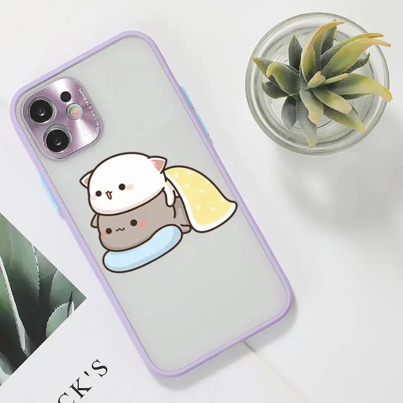 

Jemy Peach Cat Cartoon Phone Case For iPhone 12 11 Mini Pro XR XS Max 7 8 Plus X Matte transparent Purple Back Cover