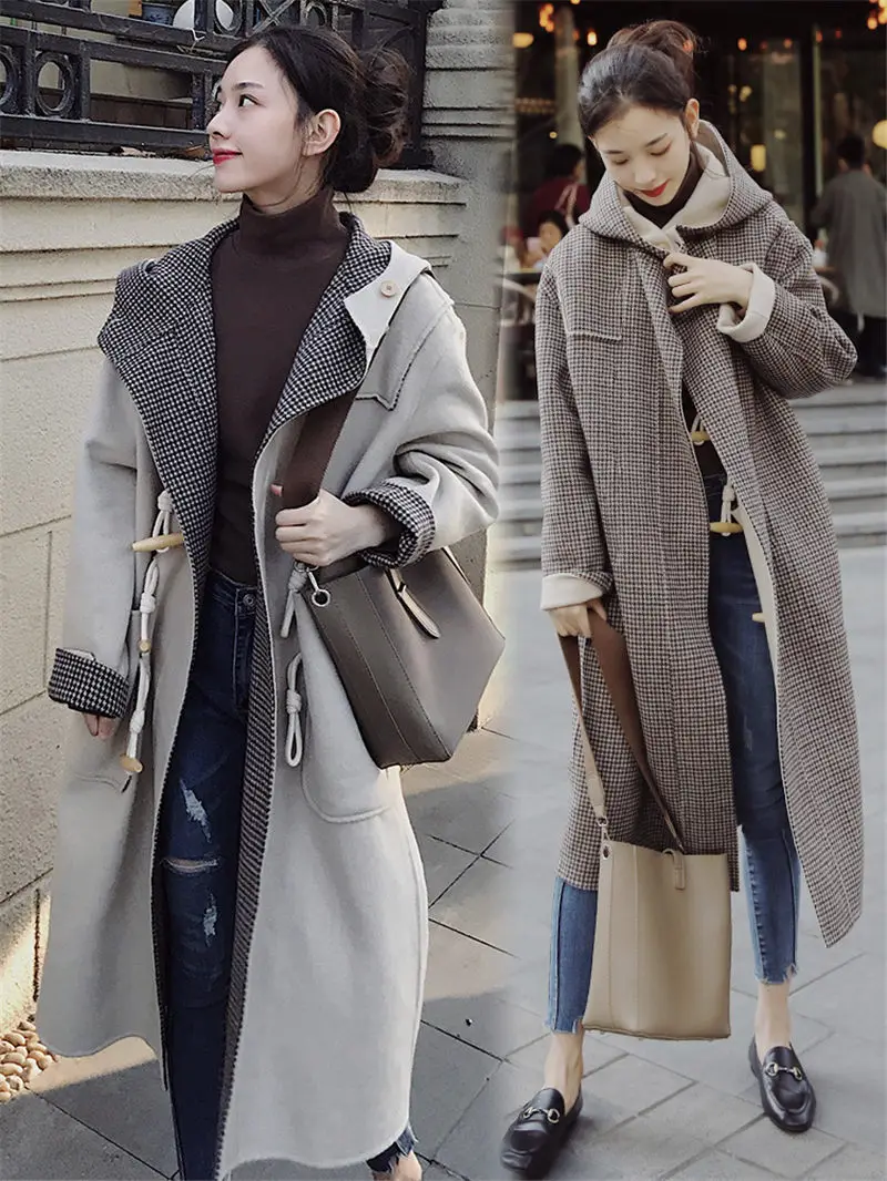 

2019 Large Size Reversible Coat Autumn Winter Jacket Fashion Women Long Section Loose Hooded Woolen Coat Feminino Casaco f1872