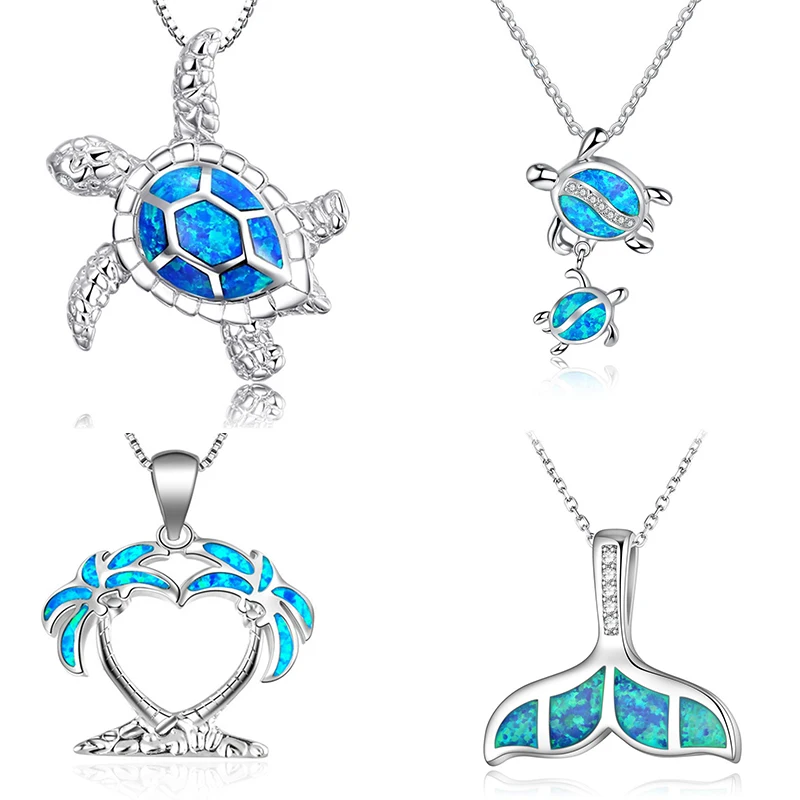 

Fashion Silver Color Blue Opal Sea Turtle Pendant Necklace Female Animal Wedding Necklaces for Women Ocean Beach Jewelry Gift