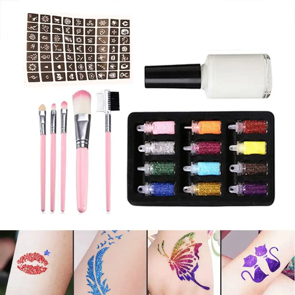 

New Flash Temporary Tattoo Set 12 Flash Powder 1 Templates 1 Glues 5 Brushes Children's Temporary Tattoo Set For Teens Adults