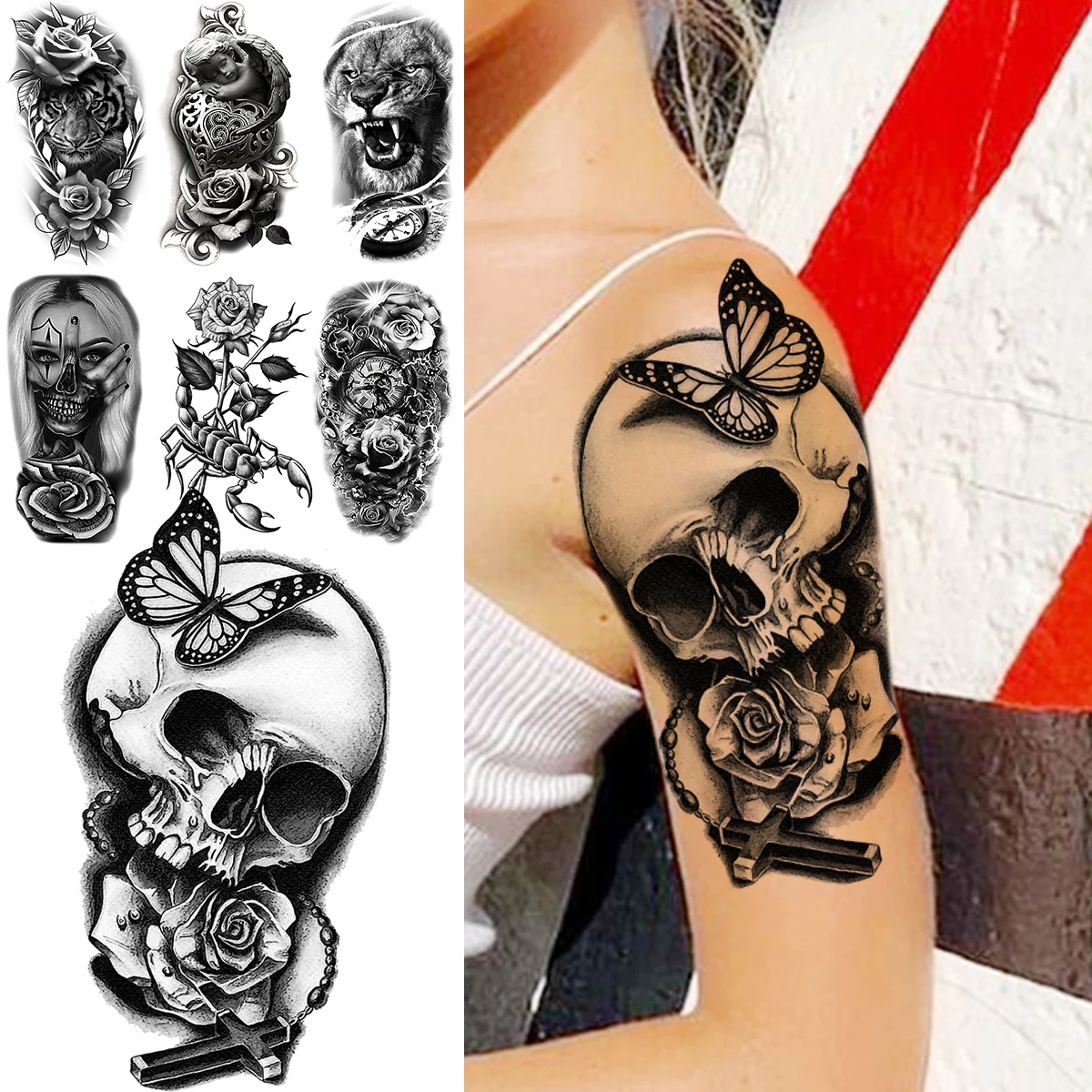 

Skull Skeleton Temporary Tattoos For Women Adult Compass Scorpion Tiger Lion Fake Tattoos Transfer Tatoo Flower Butterfly Cross