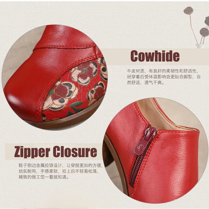 Retro Flower Print Boho Shoes On Heels Red Woman Pumps Genuine Leather Women's Medium Heels Designer Ladies Pumps Women Shoes