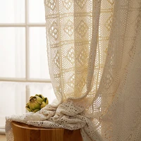 retro hollow translucent curtain finished crochet flower american country fabric tulle curtain for living room bay window decor4