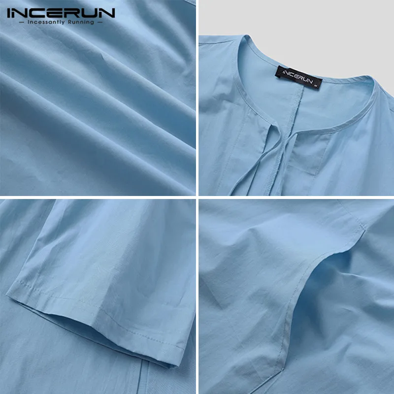 

Fashion Solid Color Muslim Robes Men Long Sleeve Lace Up Jubba Thobe Leisure Cotton Islamic Saudi Clothing Mens Robe 5XL INCERUN