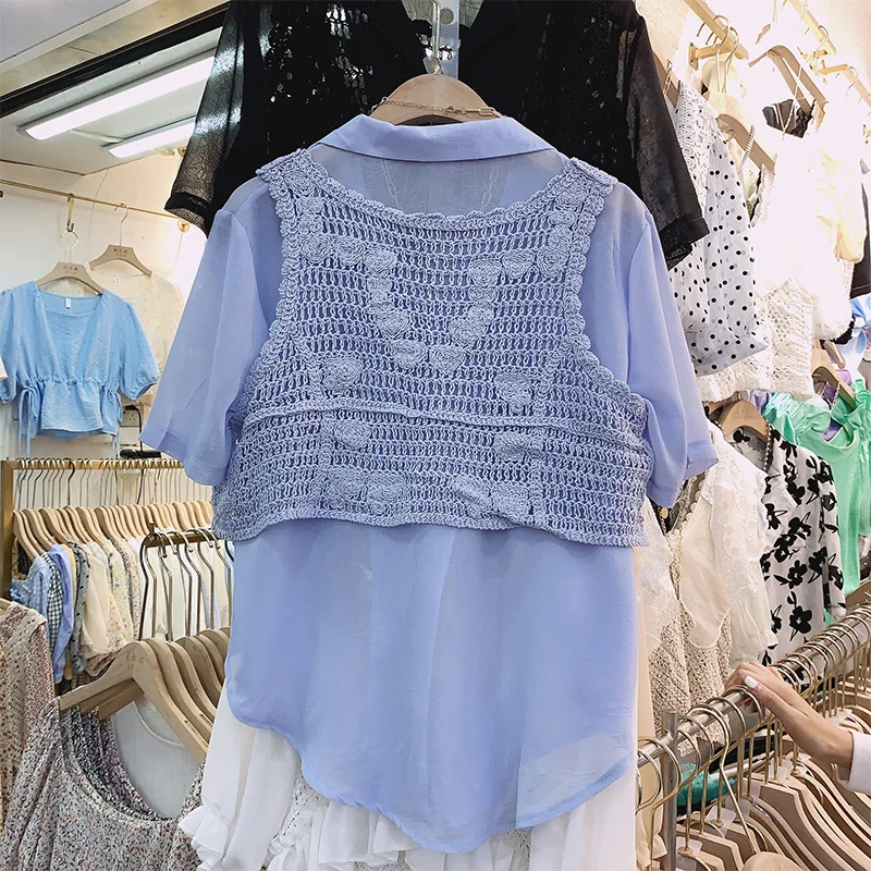 

2021 Spring and Summer New Shirt Two Piece Solid Color Short Sleeve Blouse Lapel Loose Chiffon Shirt Outer Wear Woven Vest