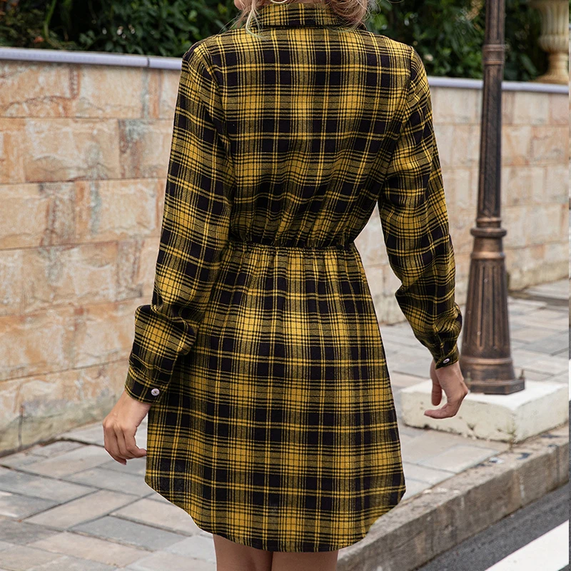 

Women Fashion Street Wear Dresses Classic Plaid Turn Down Collar Loose Drawstring Dress Long Sleeve Casual Vintage Vestidos
