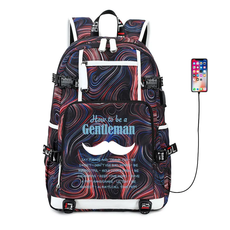 

Забавный рюкзак с принтом как стать джентльменом для мужчин и женщин, прекрасный студенческий портфель с USB-зарядкой, милый школьный портфе...