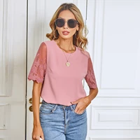 2021 summer new fashion lace short sleeve t shirt round neck casual ladies top pink yy129