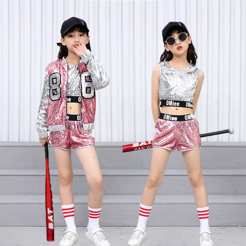 

Girl Sequin Hip Hop Street Dance Short Kids 3 Pcs Sets Child Cool Jazz Jacket Tank Top Outfit Teenage Costume Clothes Streetwear
